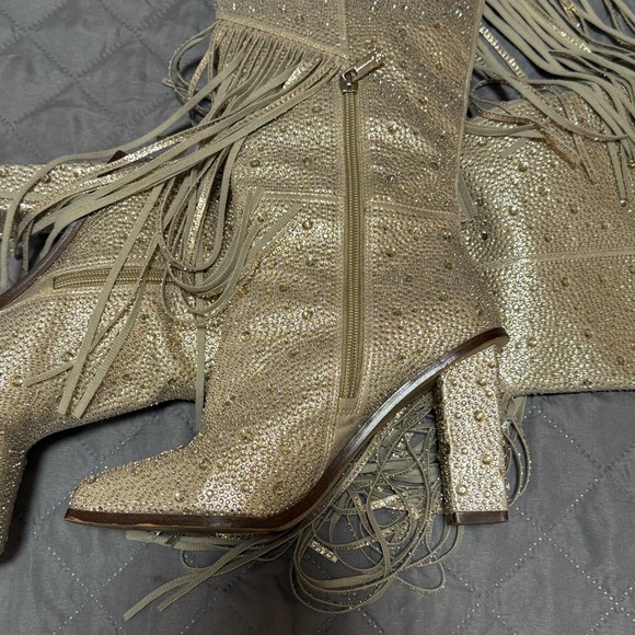 Jessica Simpson Asire2 Champagne Fringed Western Heeled Rhinestone Boots Size 7 - Picture 8 of 11